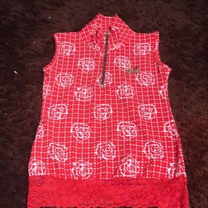 Banana Republic’s Red shirt with flowers with a red lace trim